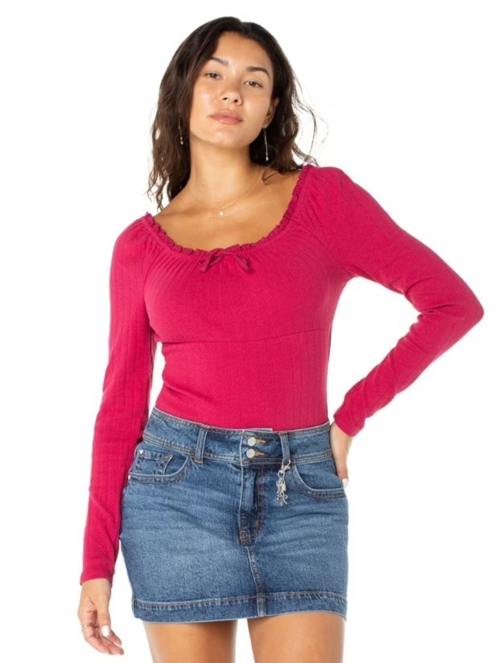 Celebrity Pink Ribbed Scoop Tie Long Sleeve Top - Fuchsia